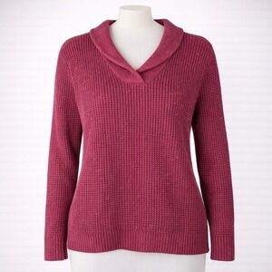 Lands End Y2K Waffle‎ Knit Wool Heavyweight Sweater Maroon Size L Cottagecore